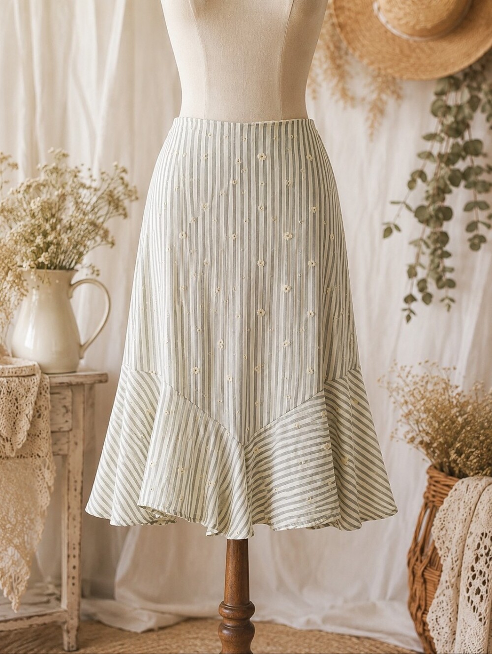 Bill Tornade Womens Midi Skirt Ivory Striped Embroidered Cottagecore Romantic 38